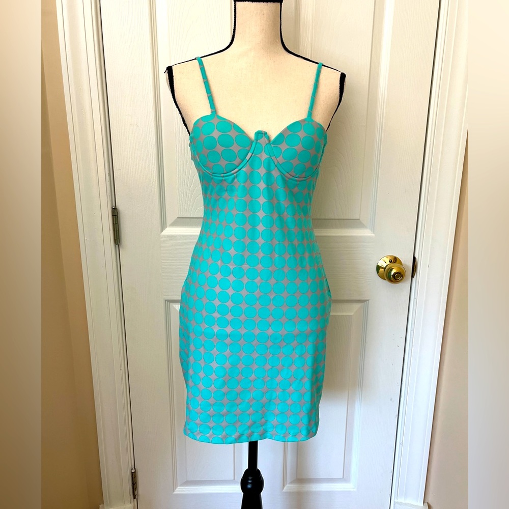Shane Justin Runway Dot Mini Dress Aqua Gray/Pink L 🇺🇸 Made in USA